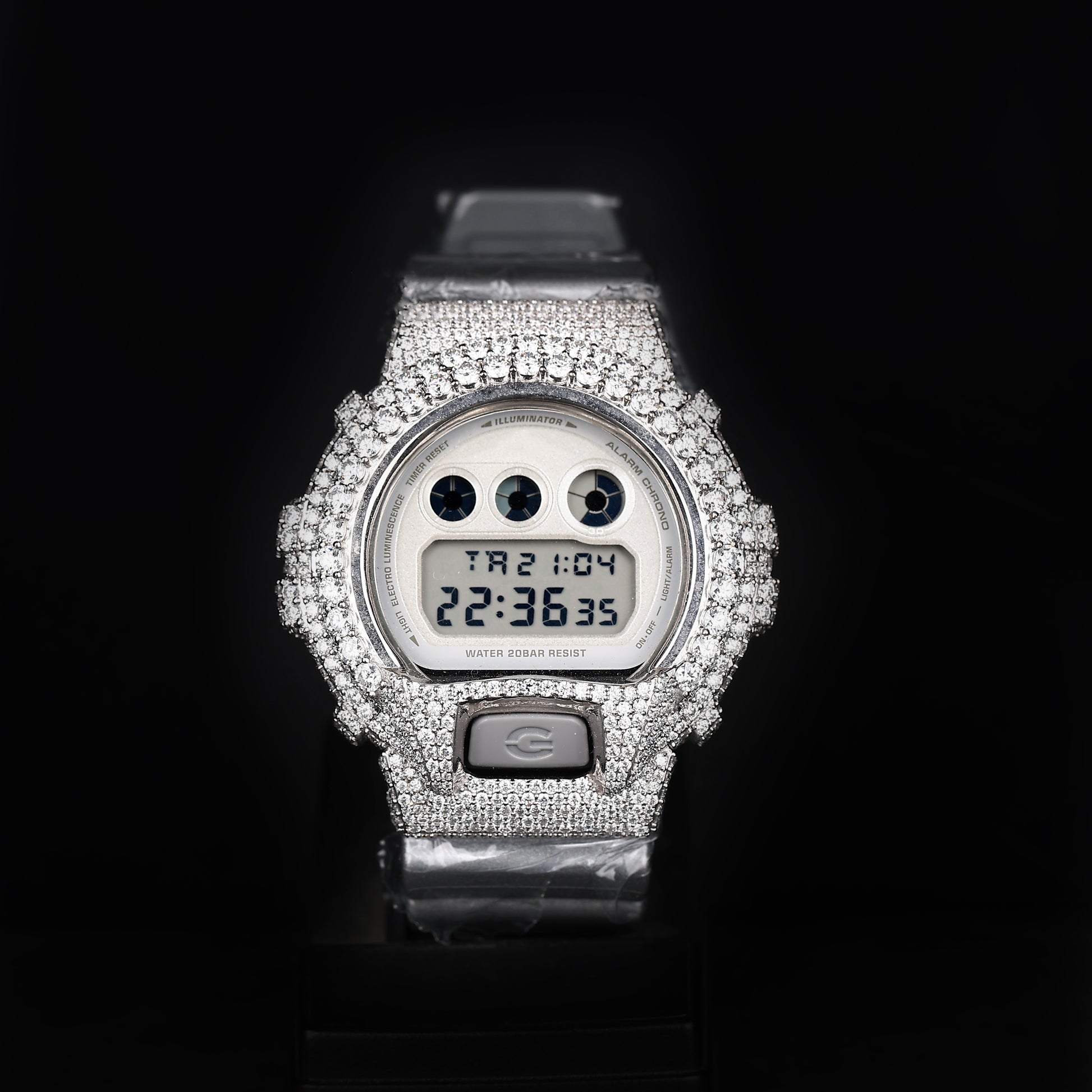 fully iced digital watch with diamond covered case and led display