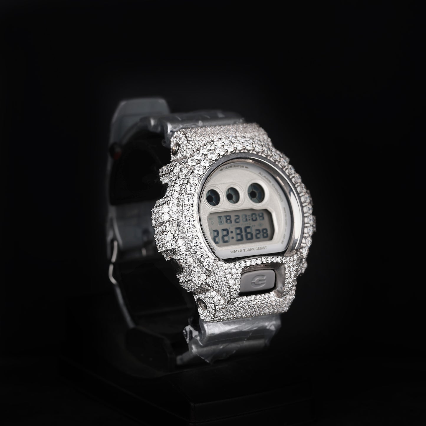 luxury moissanite digital watch with silver tone and rubber strap