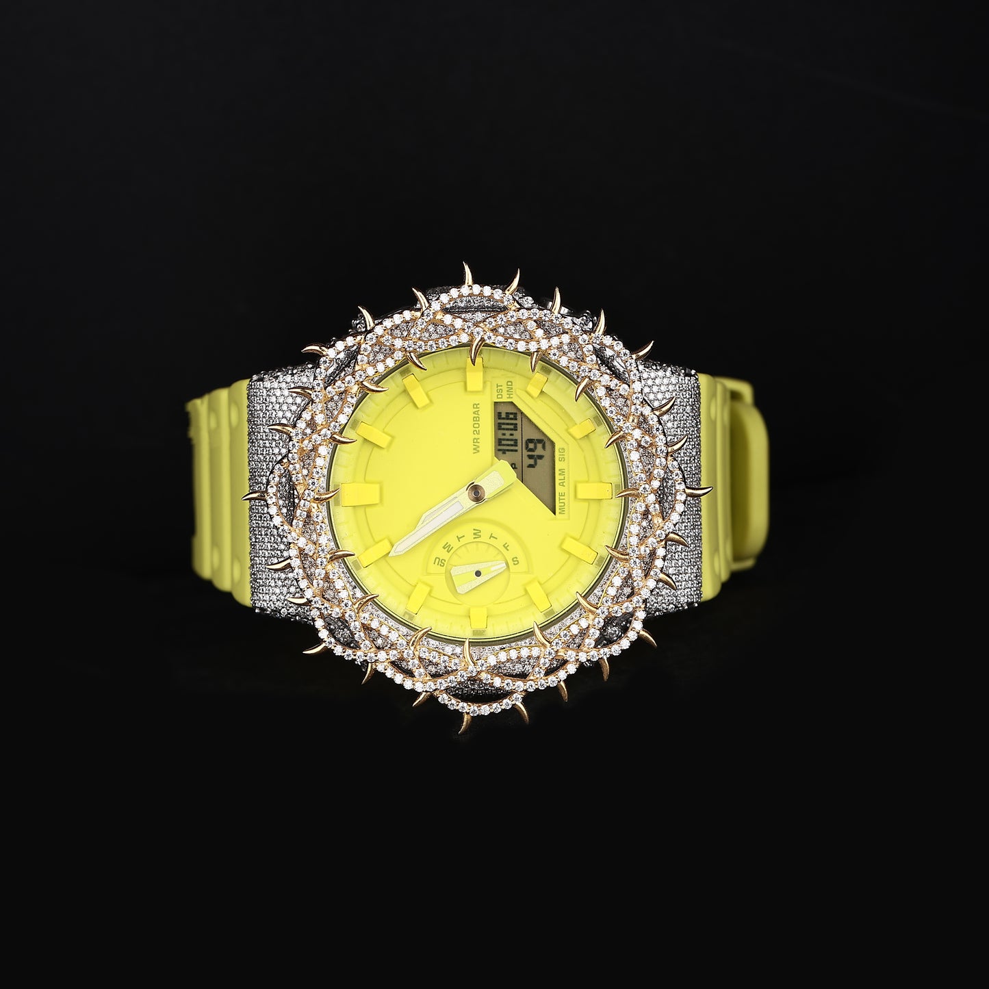 premium iced out watch with neon yellow strap and bold luxury look