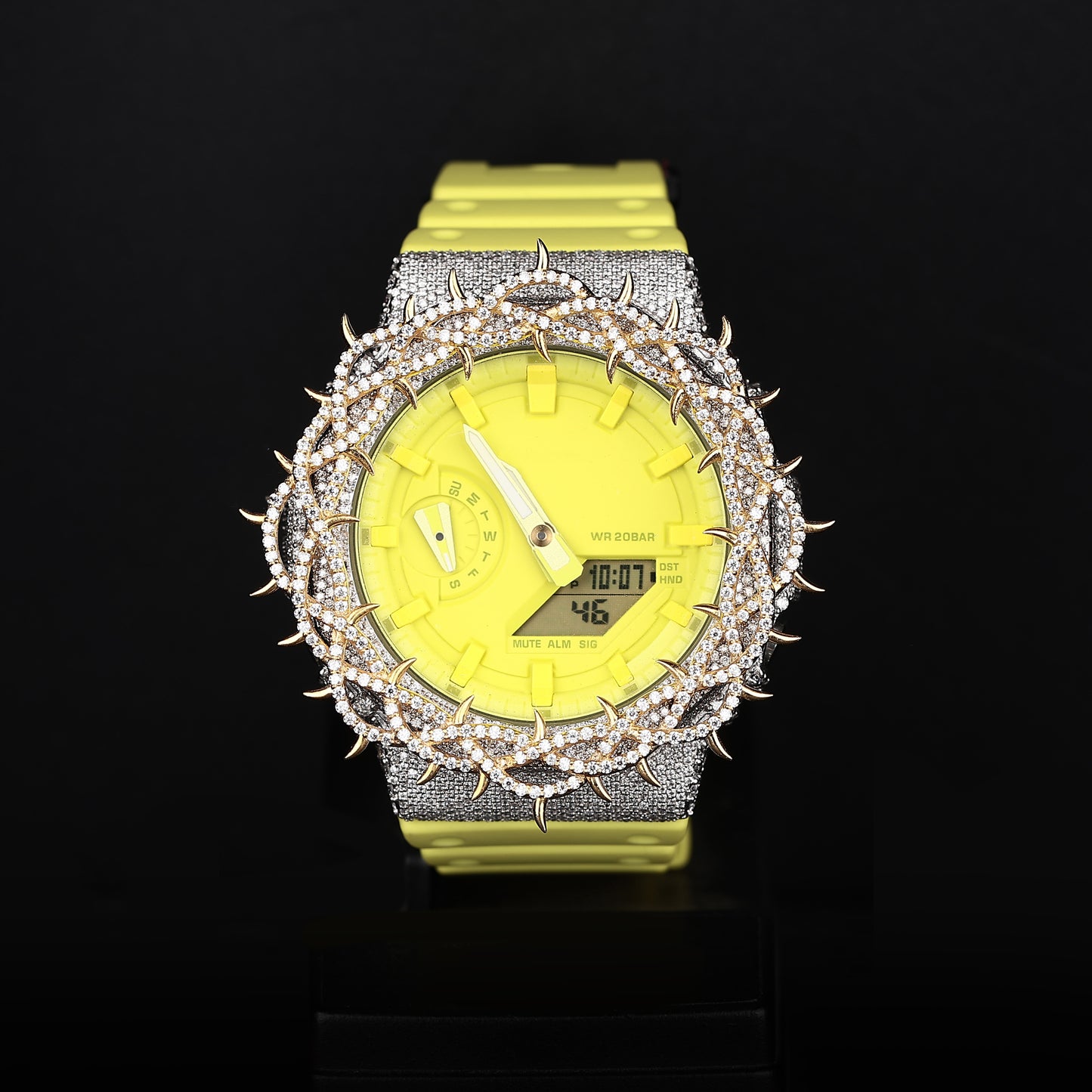 iced neon yellow watch with spiked bezel and diamond covered case