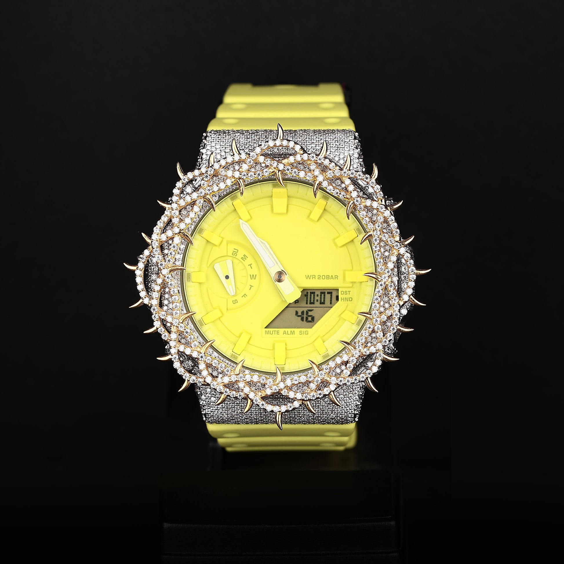 iced neon yellow watch with spiked bezel and diamond covered case