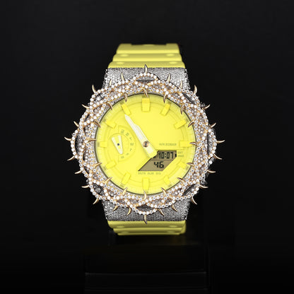 iced neon yellow watch with spiked bezel and diamond covered case