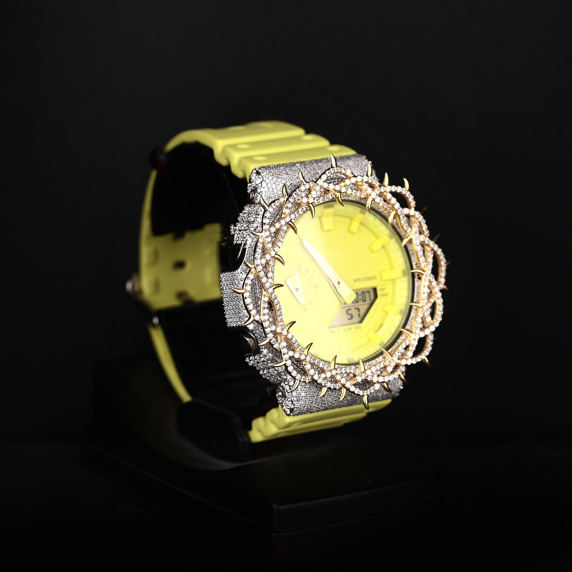 luxury moissanite watch with bright yellow dial and unique bezel design