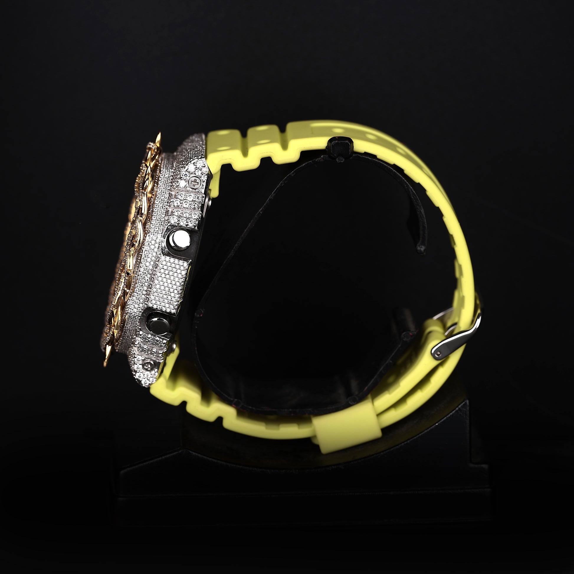 iced statement wristwatch with neon yellow color and unique bezel