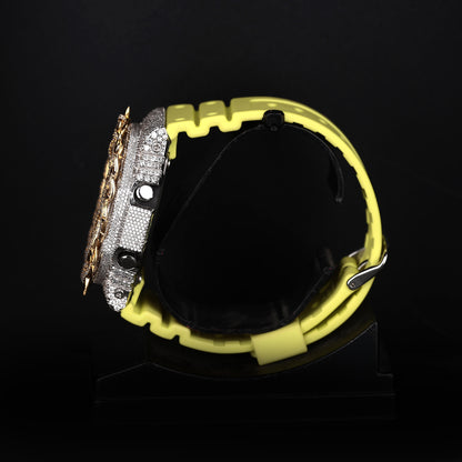 iced statement wristwatch with neon yellow color and unique bezel