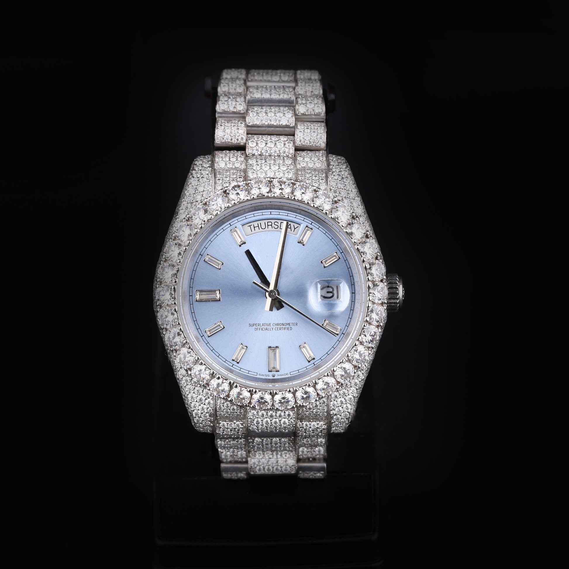 iced out watch with ice blue dial and full diamond shine luxury design