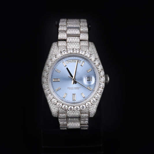 iced out watch with ice blue dial and full diamond shine luxury design