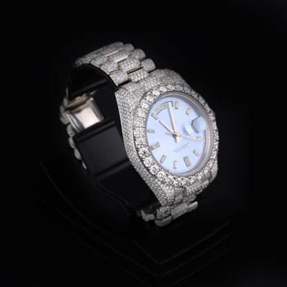 premium iced wristwatch with light blue face and automatic movement