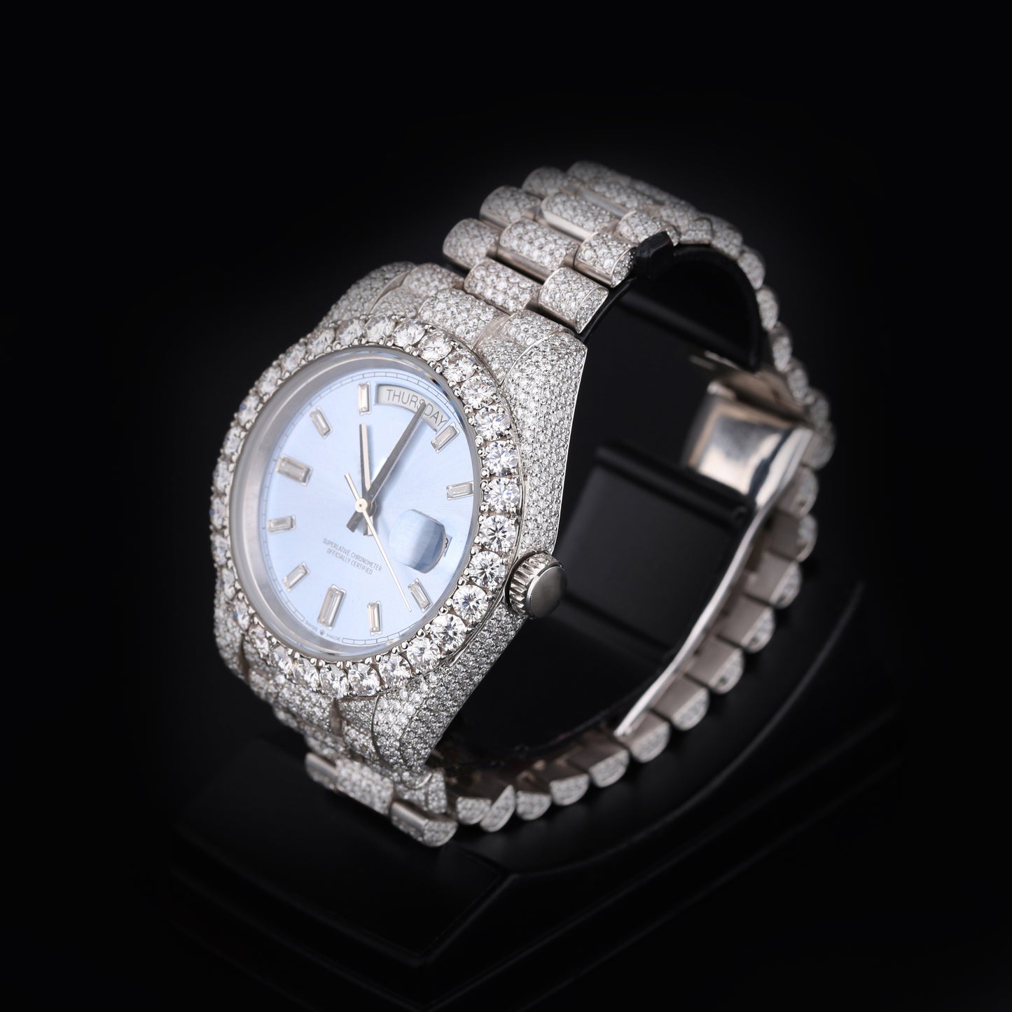 luxury moissanite watch with blue dial and iced bracelet style