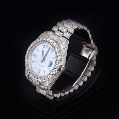 luxury moissanite watch with blue dial and iced bracelet style