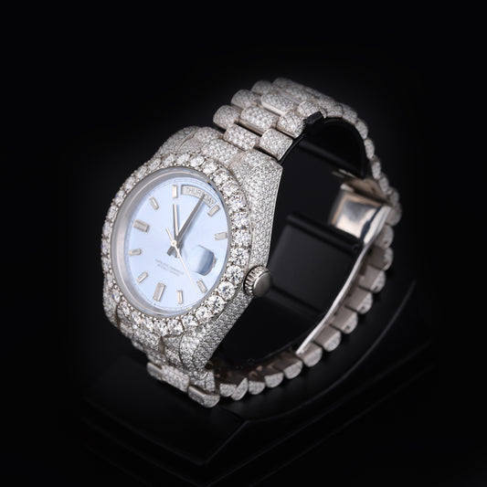 luxury moissanite watch with blue dial and iced bracelet style