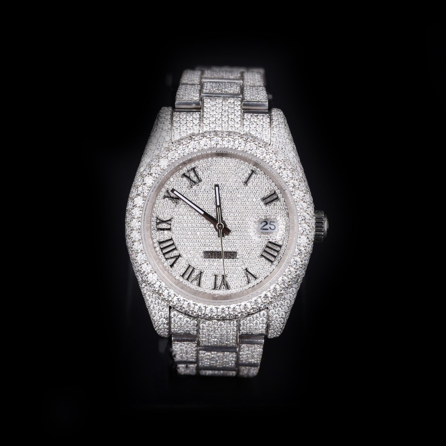 white iced out watch with roman numeral dial and full diamond shine luxury style