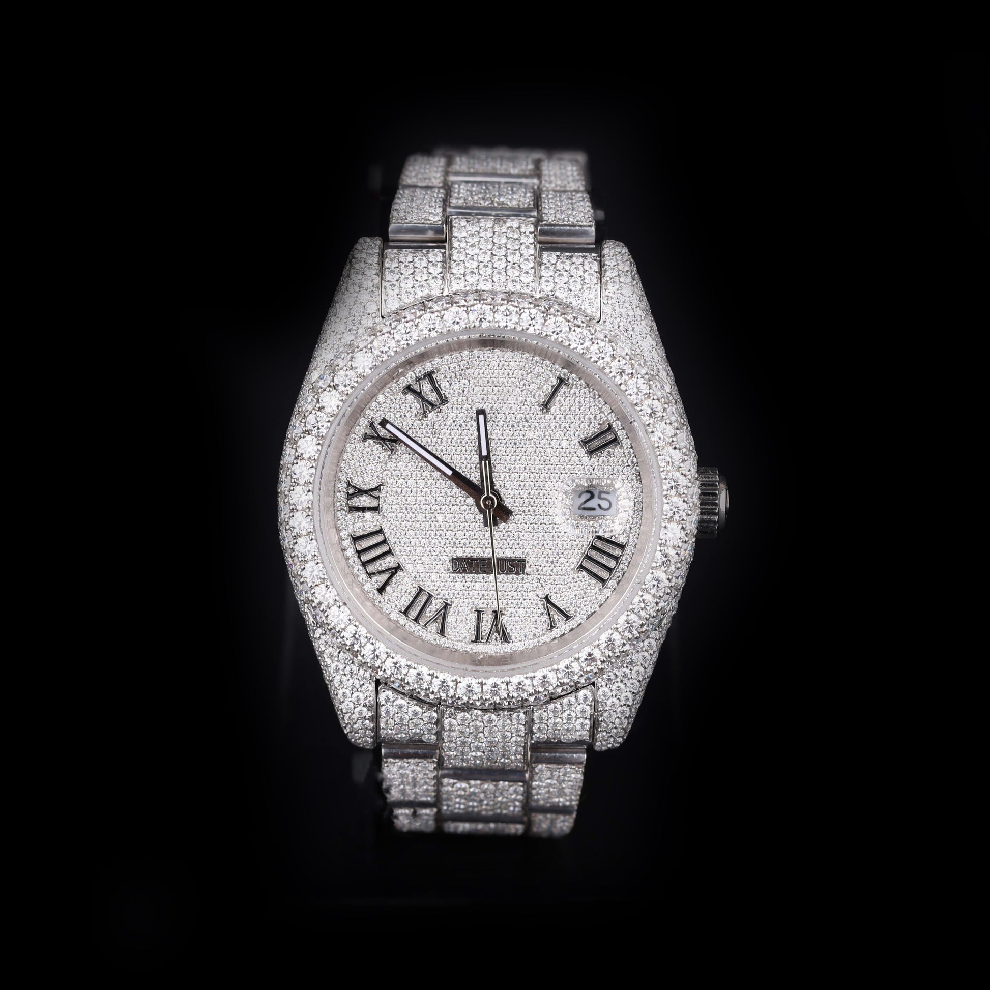 white iced out watch with roman numeral dial and full diamond shine luxury style