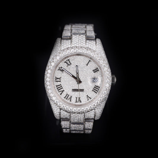 white iced out watch with roman numeral dial and full diamond shine luxury style