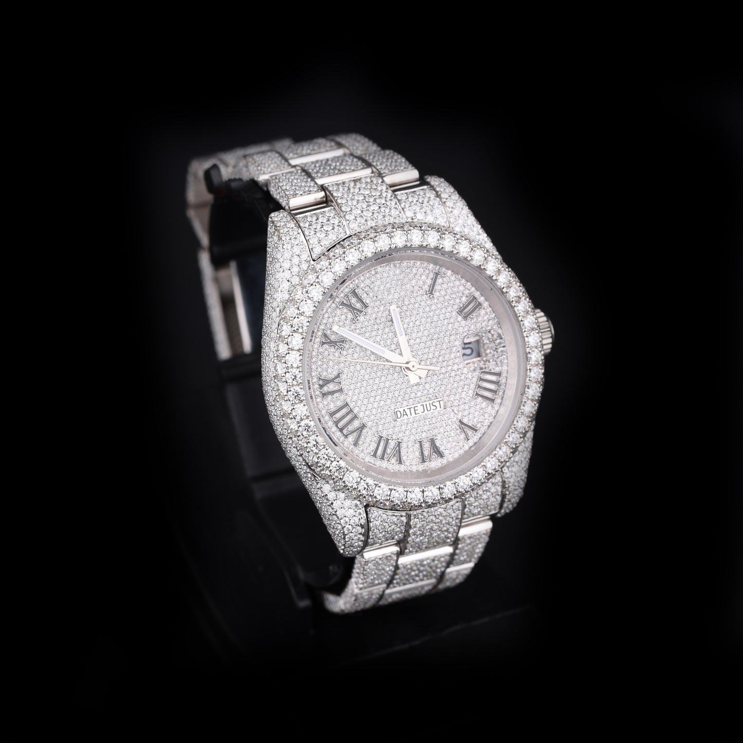 mens hip hop style iced out watch with roman numbers and strong shine finish