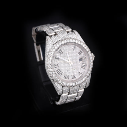 mens hip hop style iced out watch with roman numbers and strong shine finish