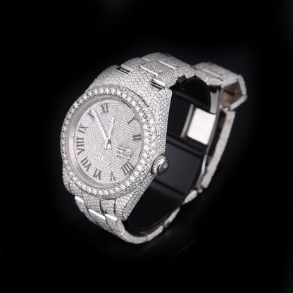 automatic luxury watch with full stone setting and round dial close up