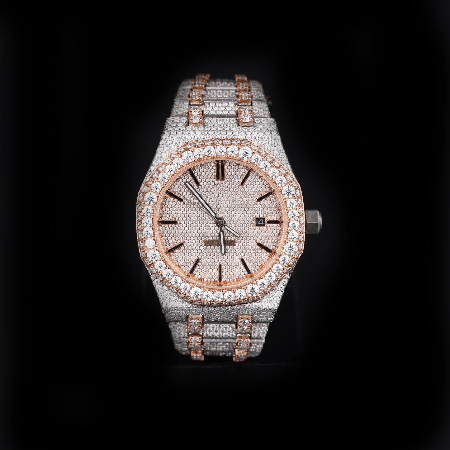 white and rose tone iced out watch with round dial and full diamond shine luxury style