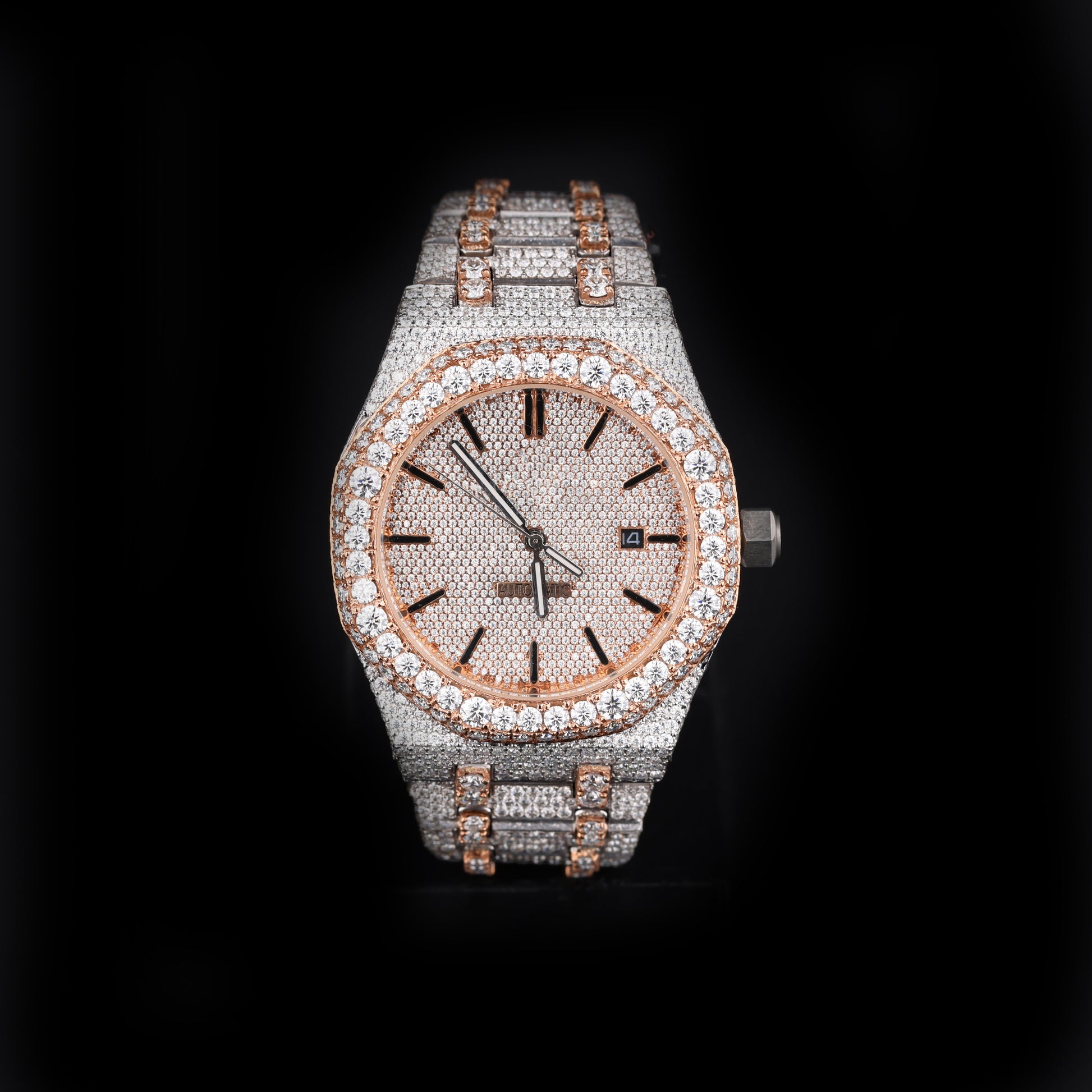 white and rose tone iced out watch with round dial and full diamond shine luxury style