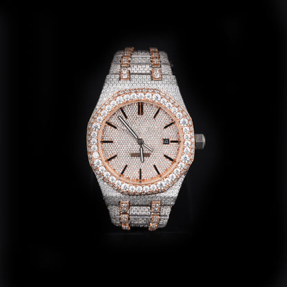 white and rose tone iced out watch with round dial and full diamond shine luxury style