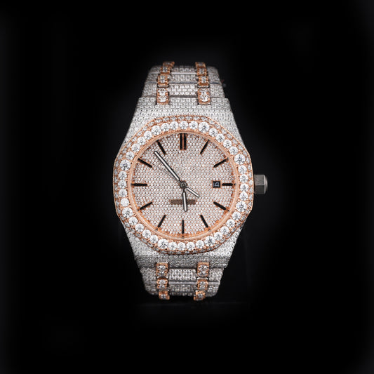 white and rose tone iced out watch with round dial and full diamond shine luxury style