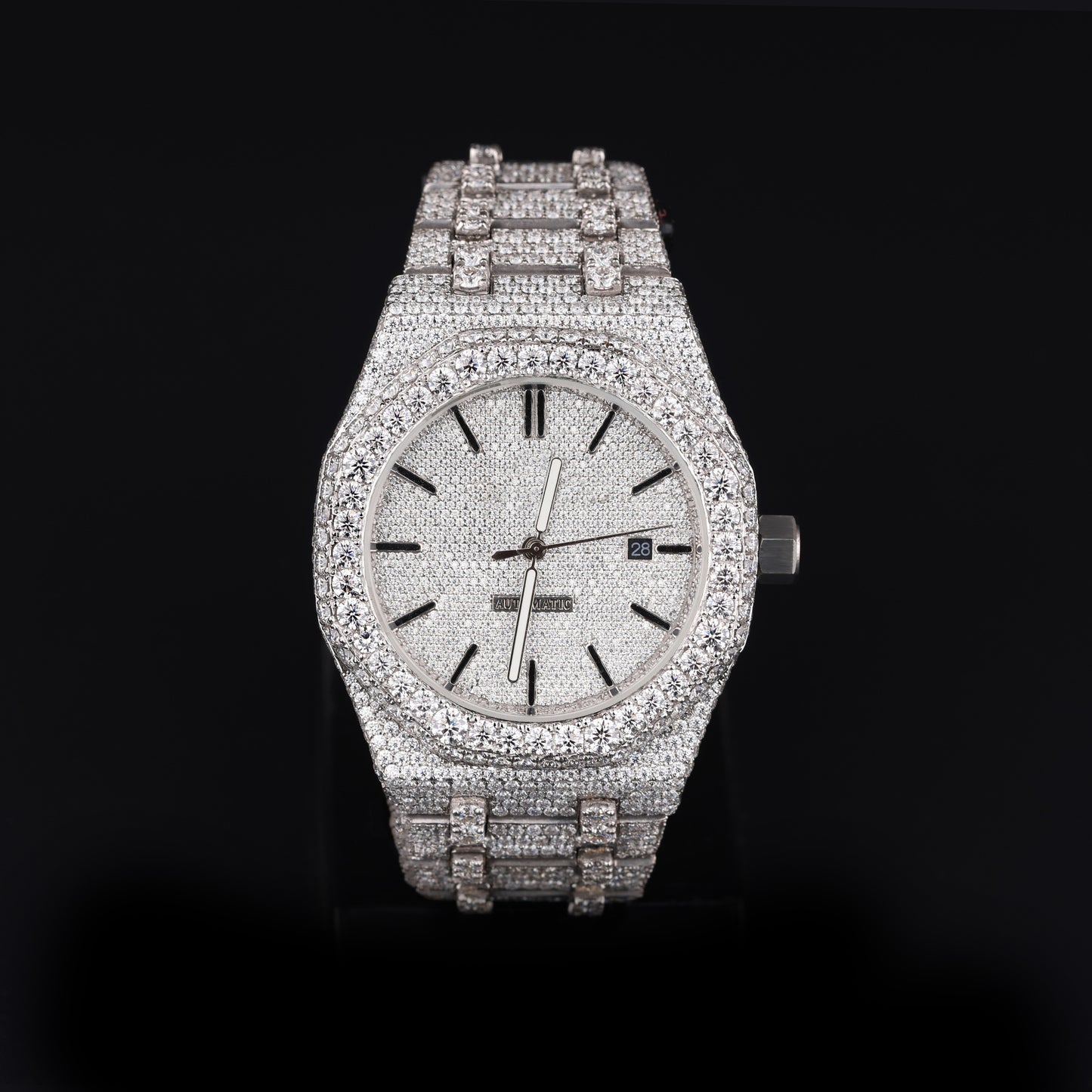 white iced out watch with round dial and full diamond shine luxury style