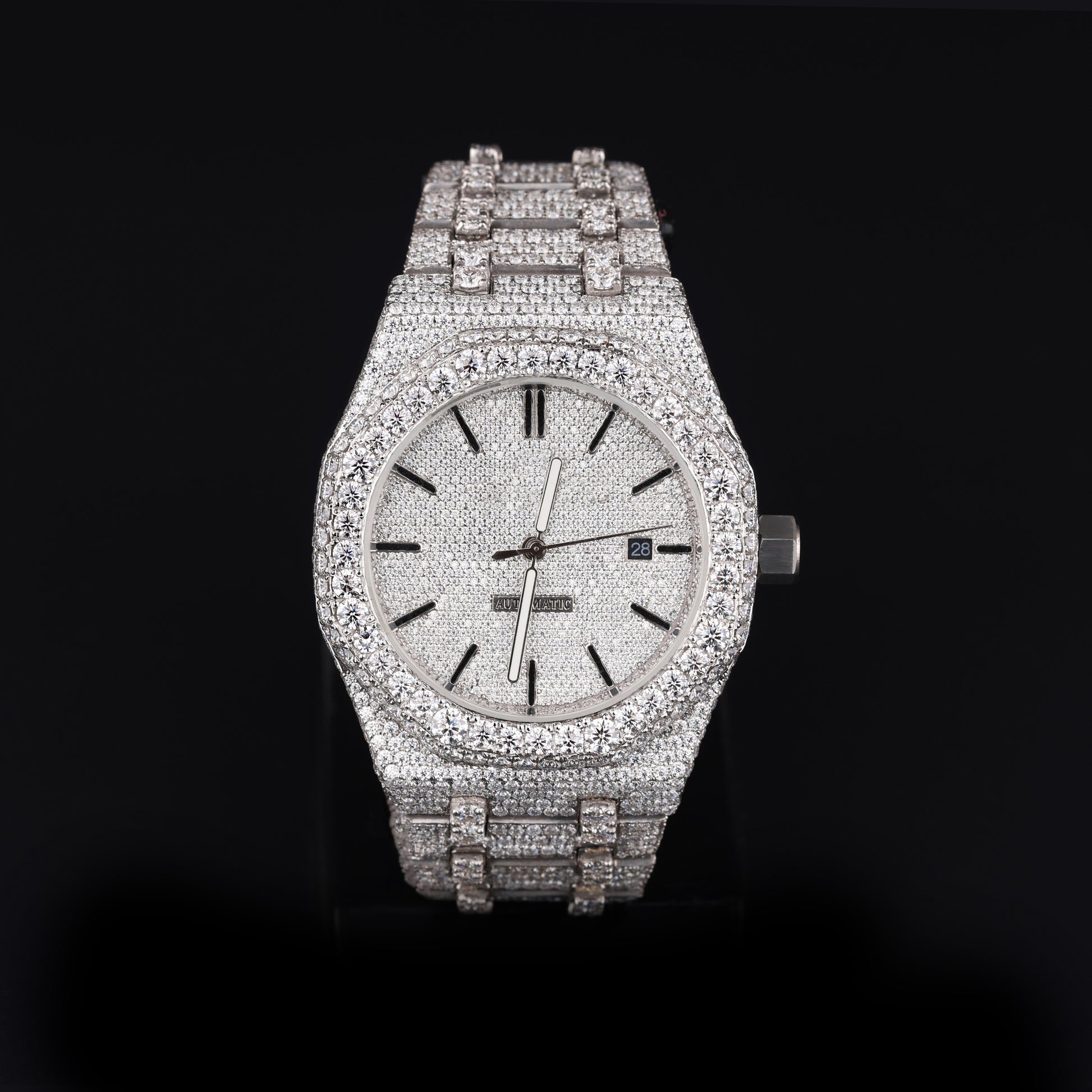 white iced out watch with round dial and full diamond shine luxury style