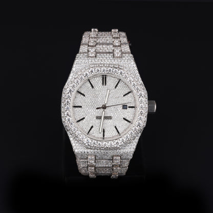 white iced out watch with round dial and full diamond shine luxury style