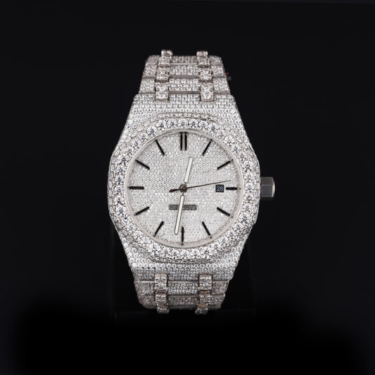 white iced out watch with round dial and full diamond shine luxury style