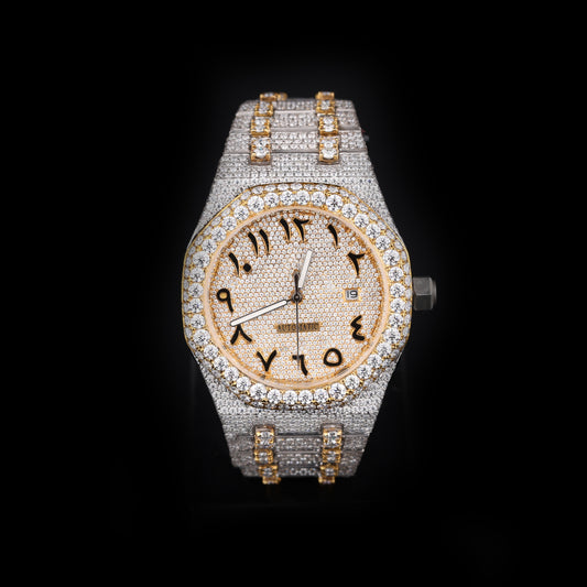 white and yellow iced out watch with arabic numeral dial and full diamond shine