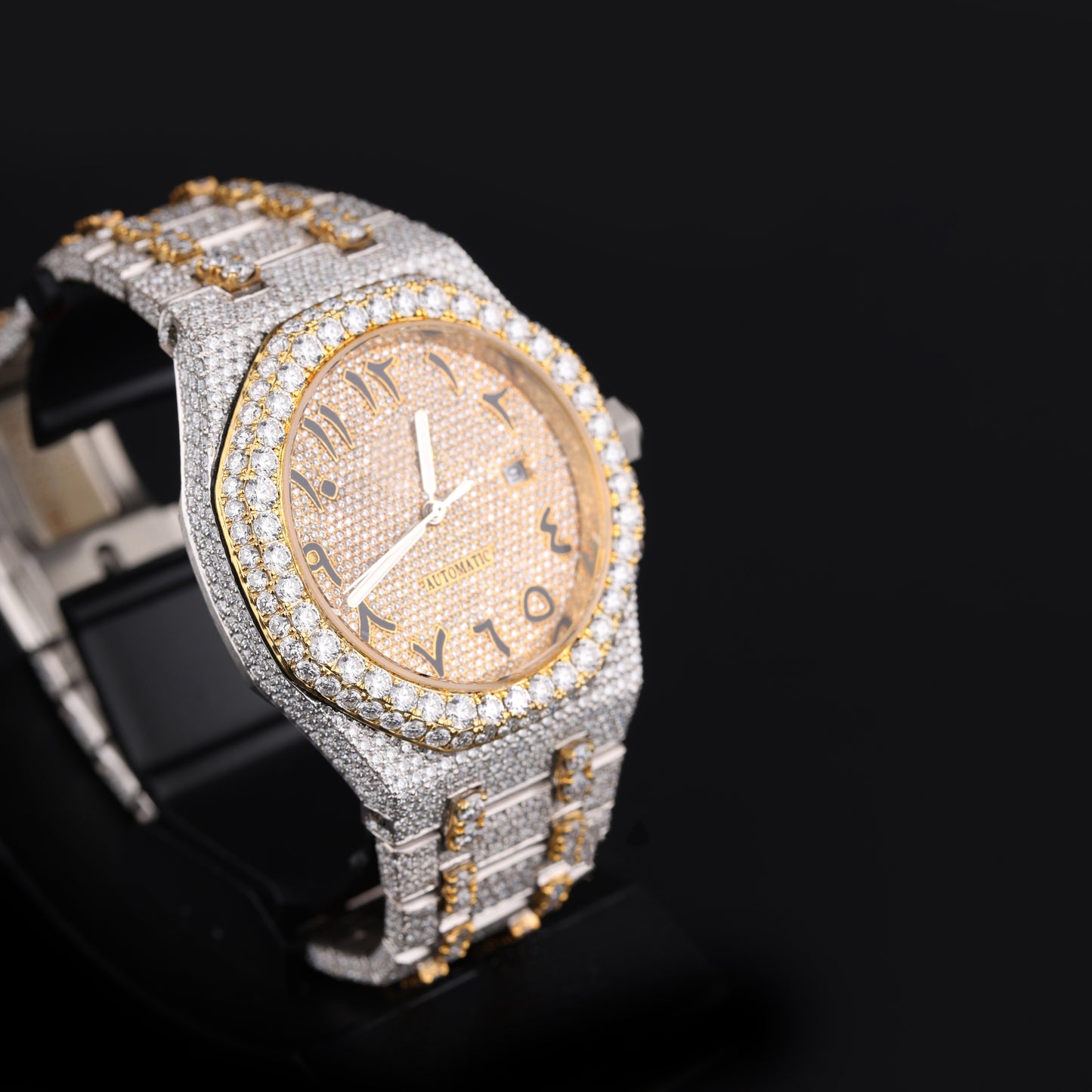 mens hip hop style iced out watch with arabic numbers and strong shine finish