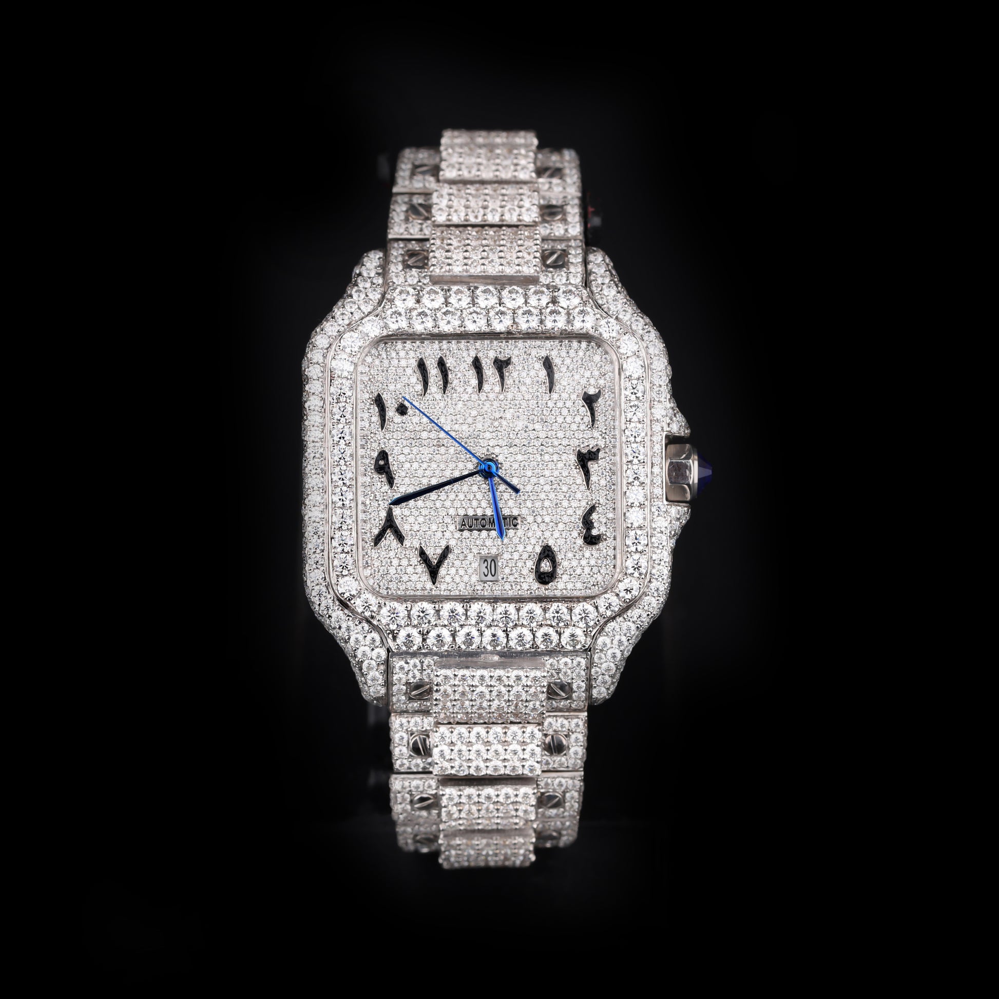 white iced out watch with arabic numeral dial and full diamond shine luxury style