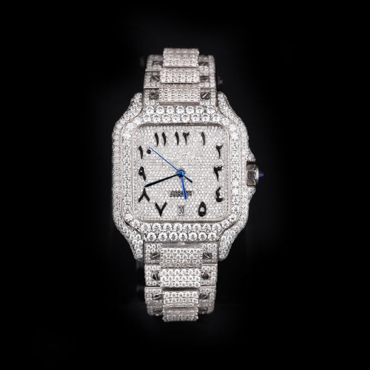 white iced out watch with arabic numeral dial and full diamond shine luxury style