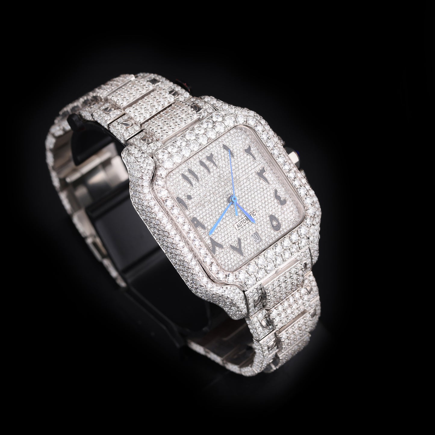 mens hip hop style iced out watch with white stones and arabic dial detail