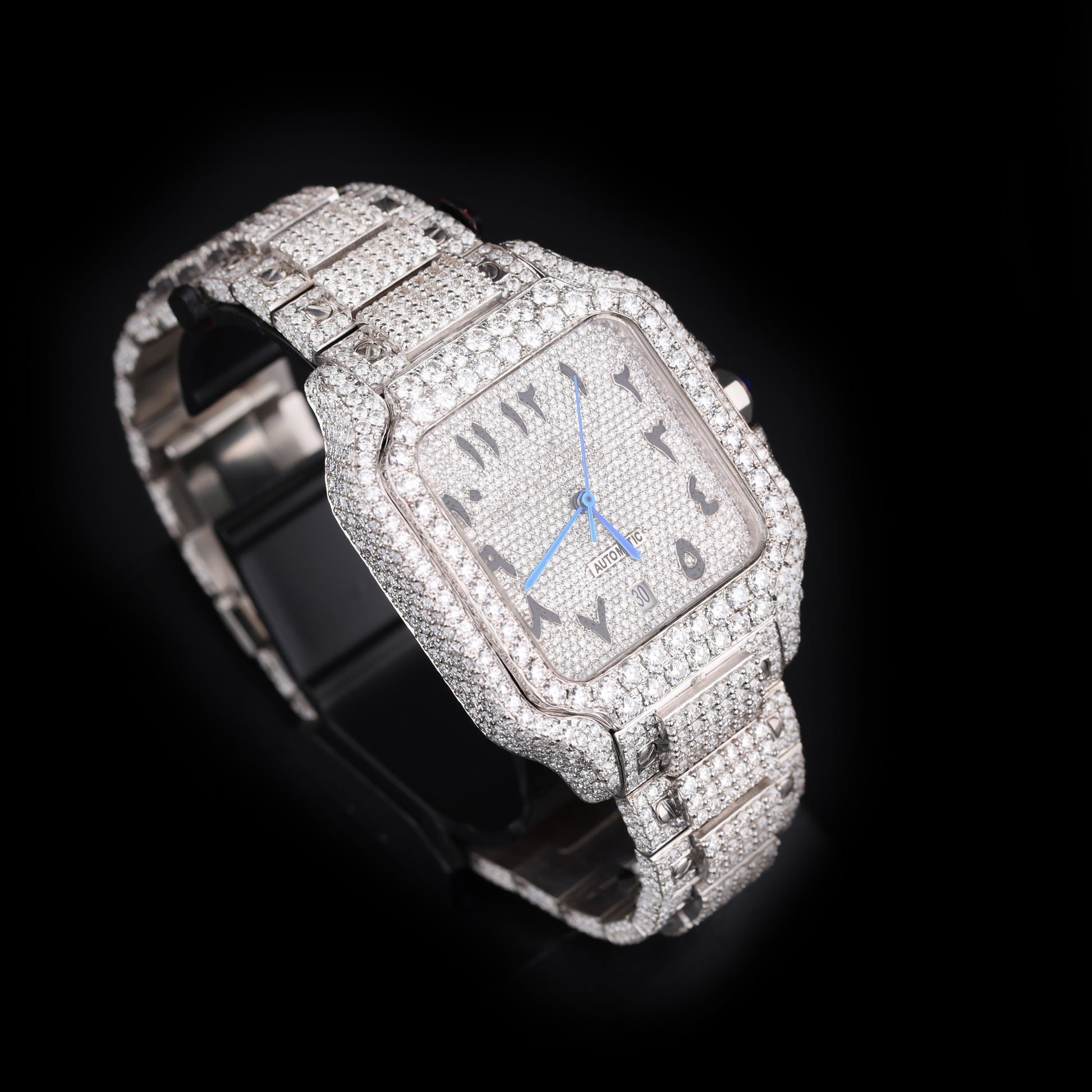 mens hip hop style iced out watch with white stones and arabic dial detail