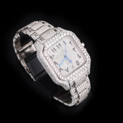 mens hip hop style iced out watch with white stones and arabic dial detail