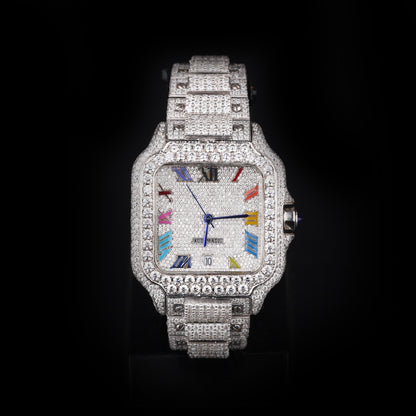 white iced out watch with multi color roman numeral dial and full diamond shine