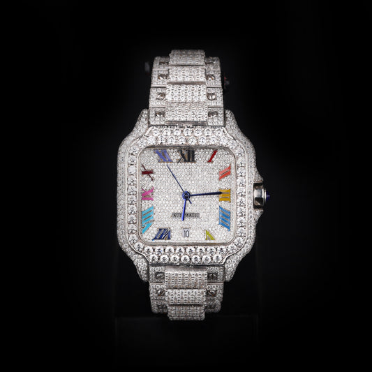 white iced out watch with multi color roman numeral dial and full diamond shine
