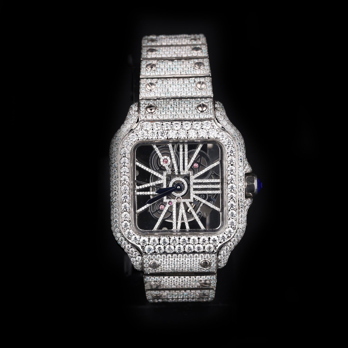 iced out square skeleton watch with visible mechanical movement and diamond shine