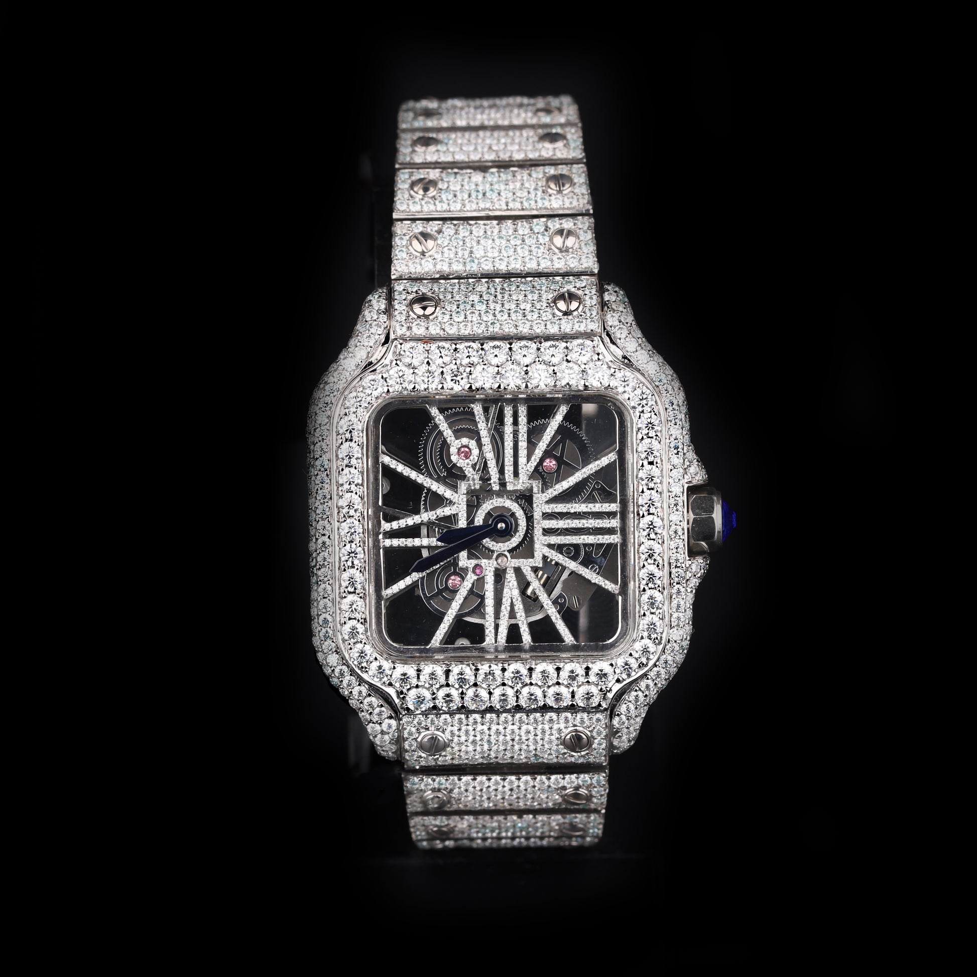 iced out square skeleton watch with visible mechanical movement and diamond shine