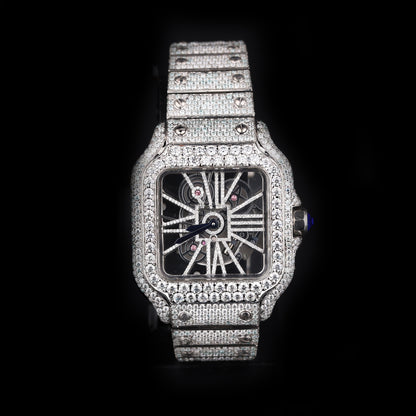 iced out square skeleton watch with visible mechanical movement and diamond shine