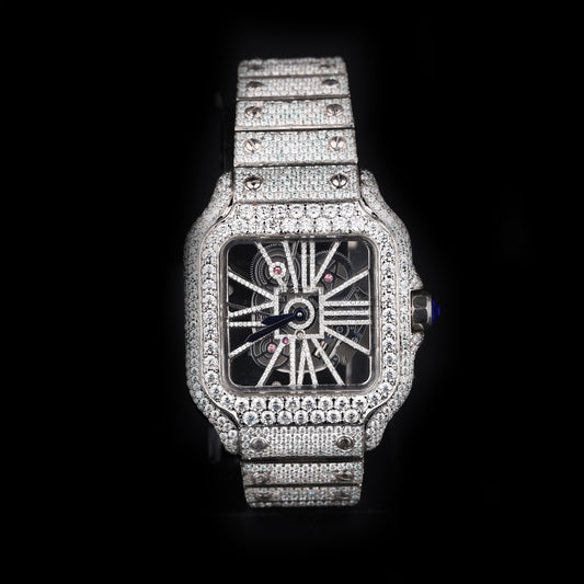 iced out square skeleton watch with visible mechanical movement and diamond shine