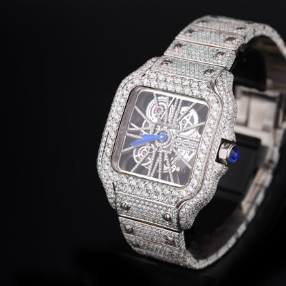luxury moissanite watch with skeleton dial and fully iced bracelet design