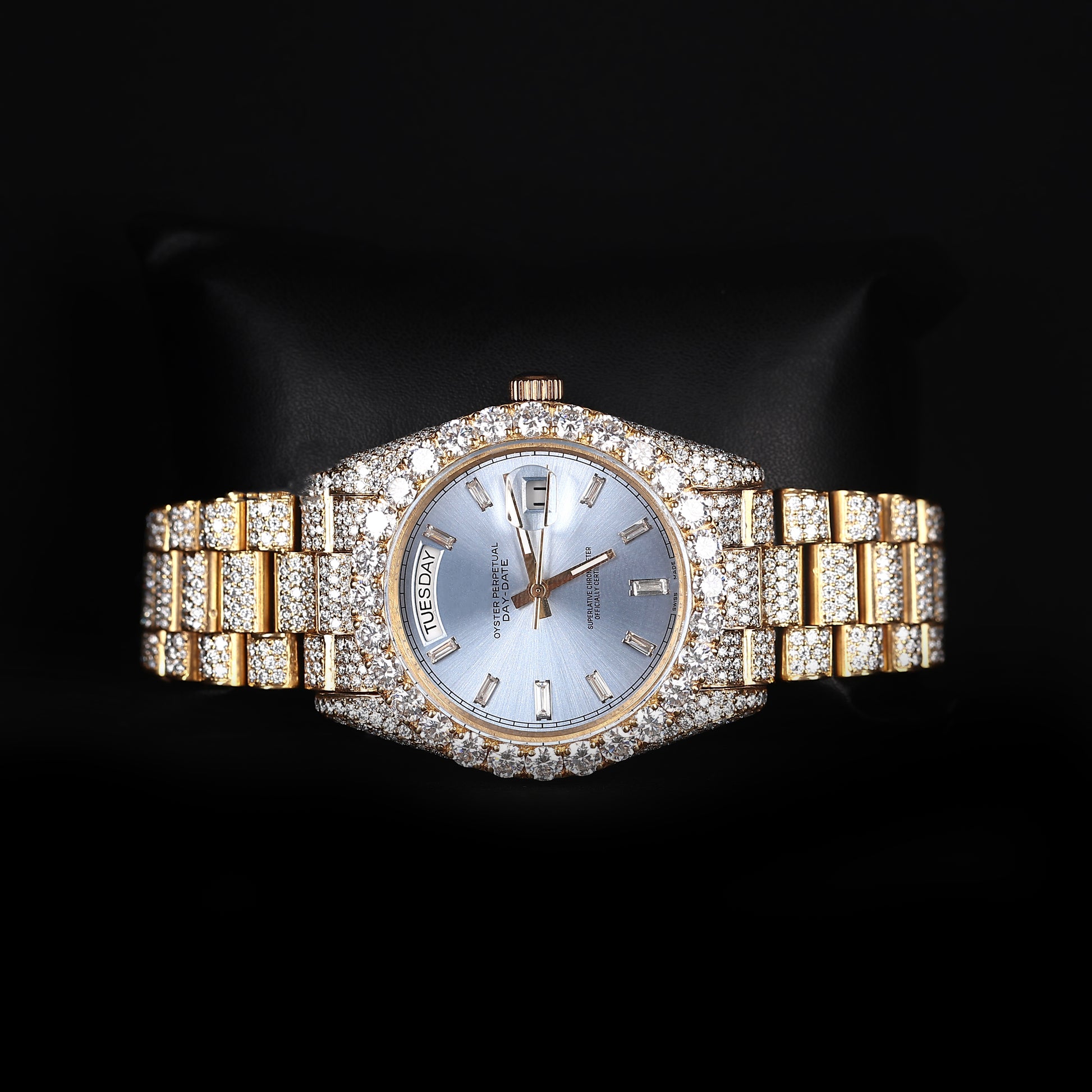 premium moissanite watch with blue day date dial and iced out bracelet design