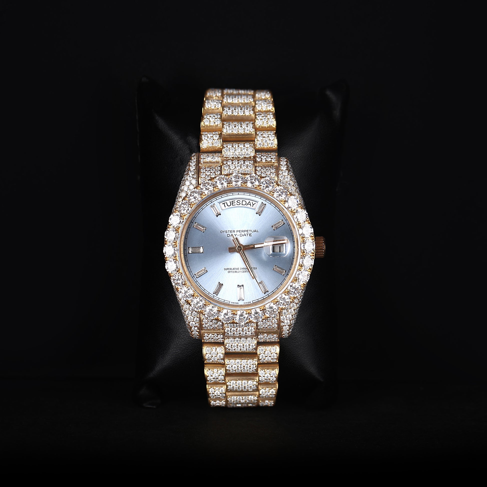 white and yellow iced out watch with blue dial and full diamond shine luxury style