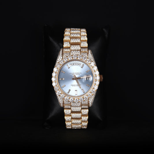 white and yellow iced out watch with blue dial and full diamond shine luxury style
