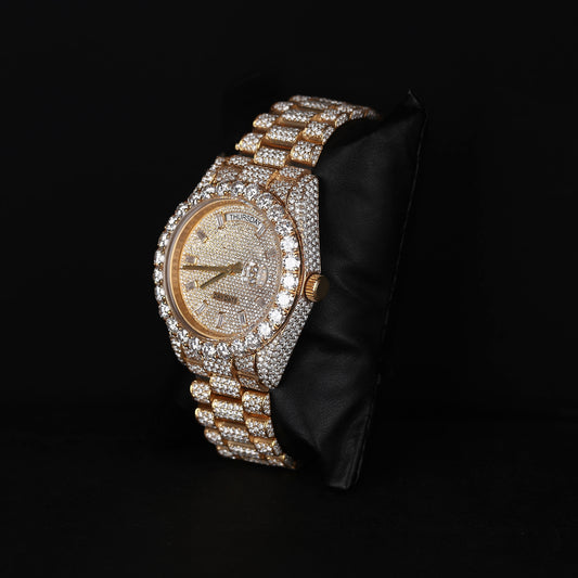 luxury moissanite watch with iced bracelet and bright yellow tone finish