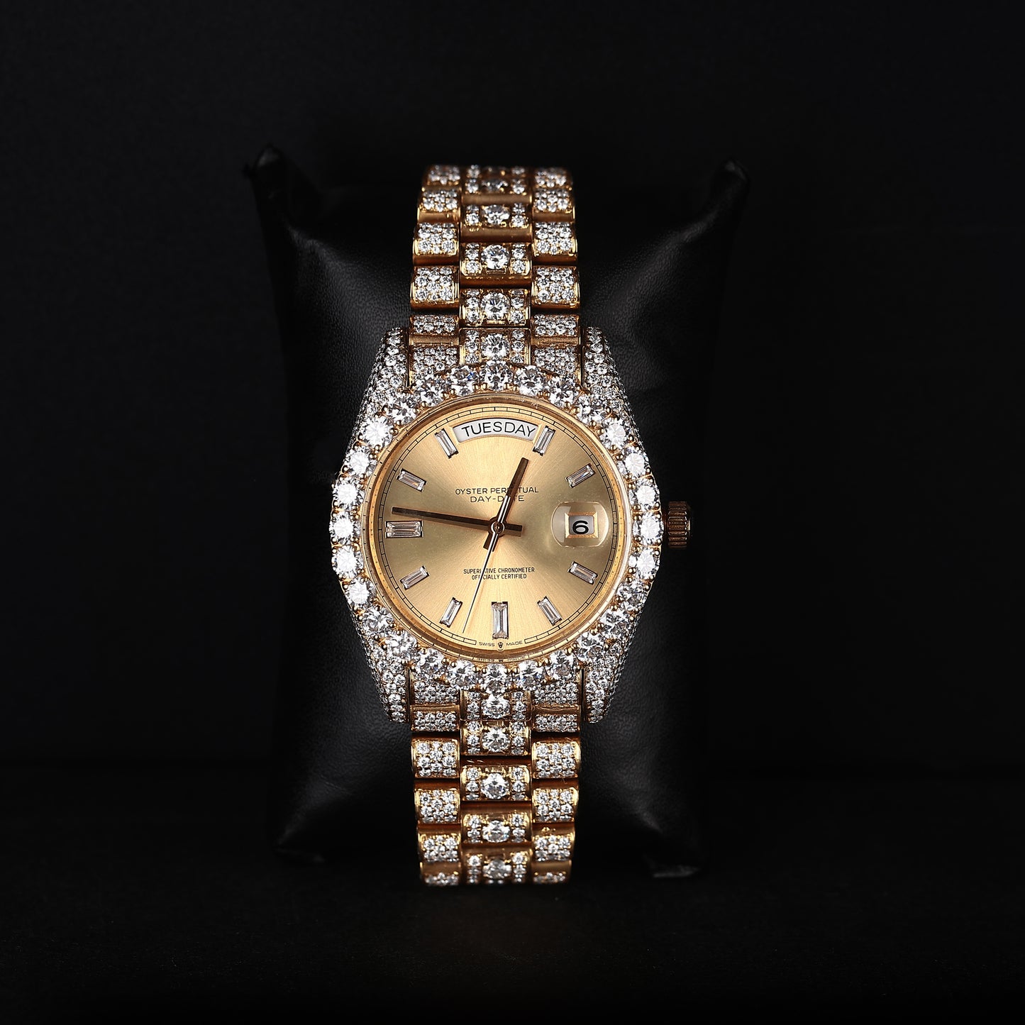 yellow iced out watch with gold dial and full diamond shine luxury style