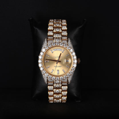 yellow iced out watch with gold dial and full diamond shine luxury style