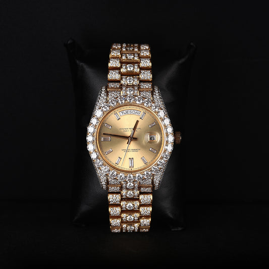 yellow iced out watch with gold dial and full diamond shine luxury style